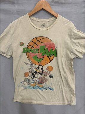 Y2k Space Jam Graphic Men's Medium T-Shirt Beige Cotton Short Sleeve